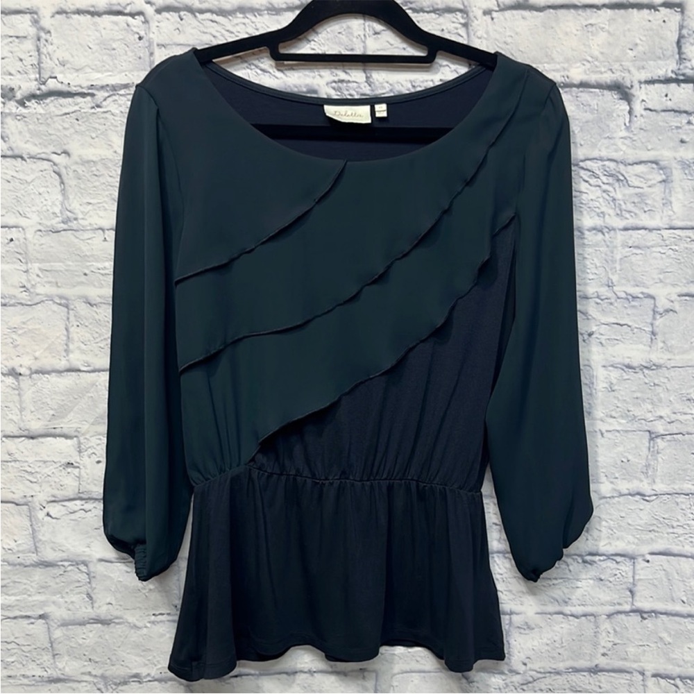 Anthropologie Deletta Alee Ruffle Peplum Split‎ Sleeve Navy Blouse Top. Size S